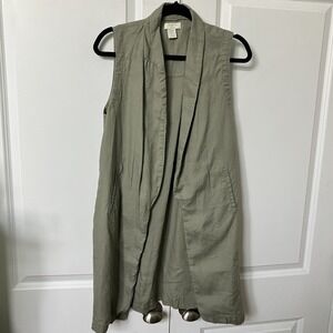 St. Tropez Topper Womens M Green Khaki 100% Linen Open Front Cardigan Coastal